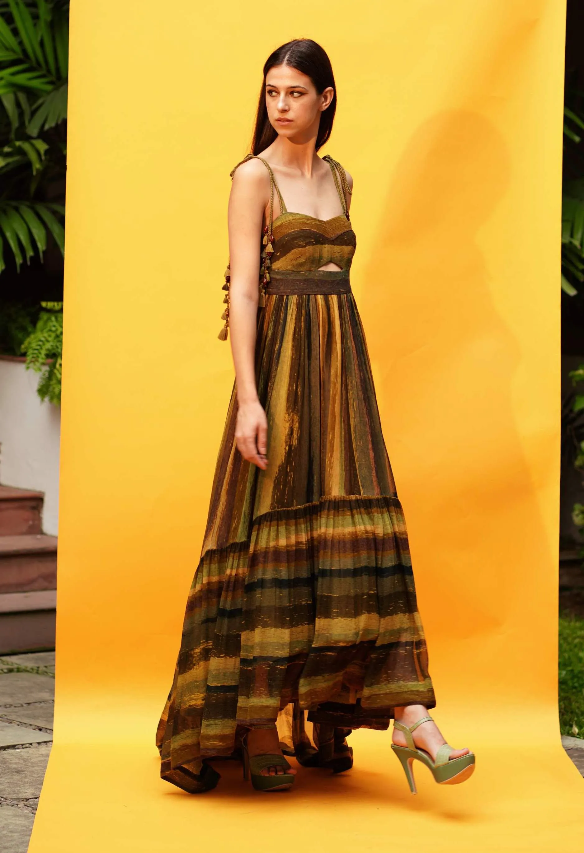 Green Stripe Print Cutout High Low Dress