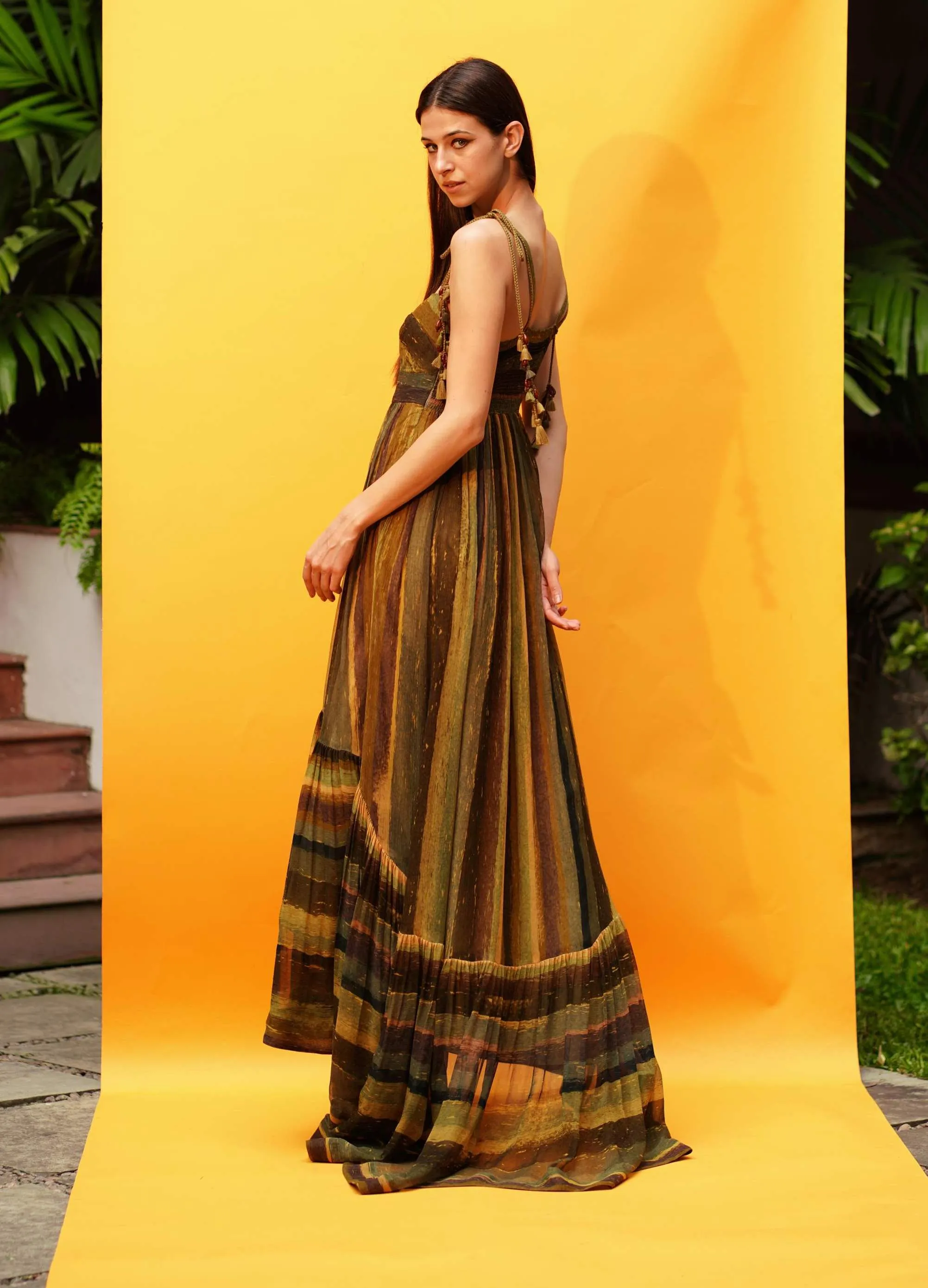 Green Stripe Print Cutout High Low Dress
