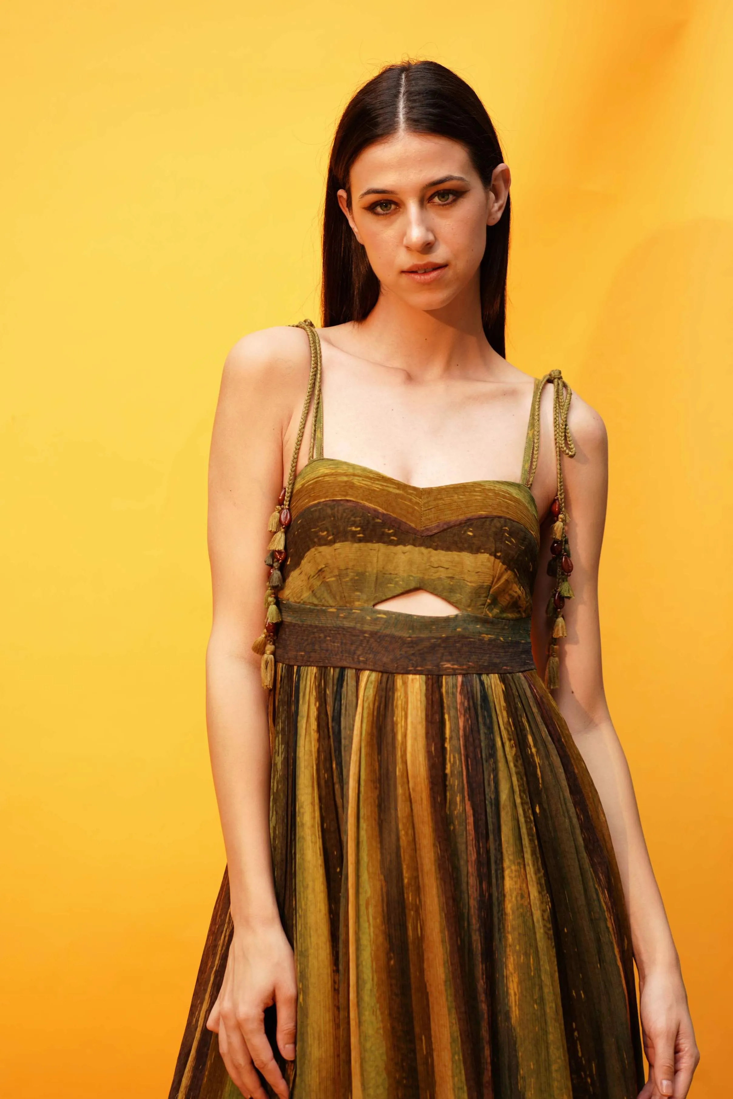 Green Stripe Print Cutout High Low Dress