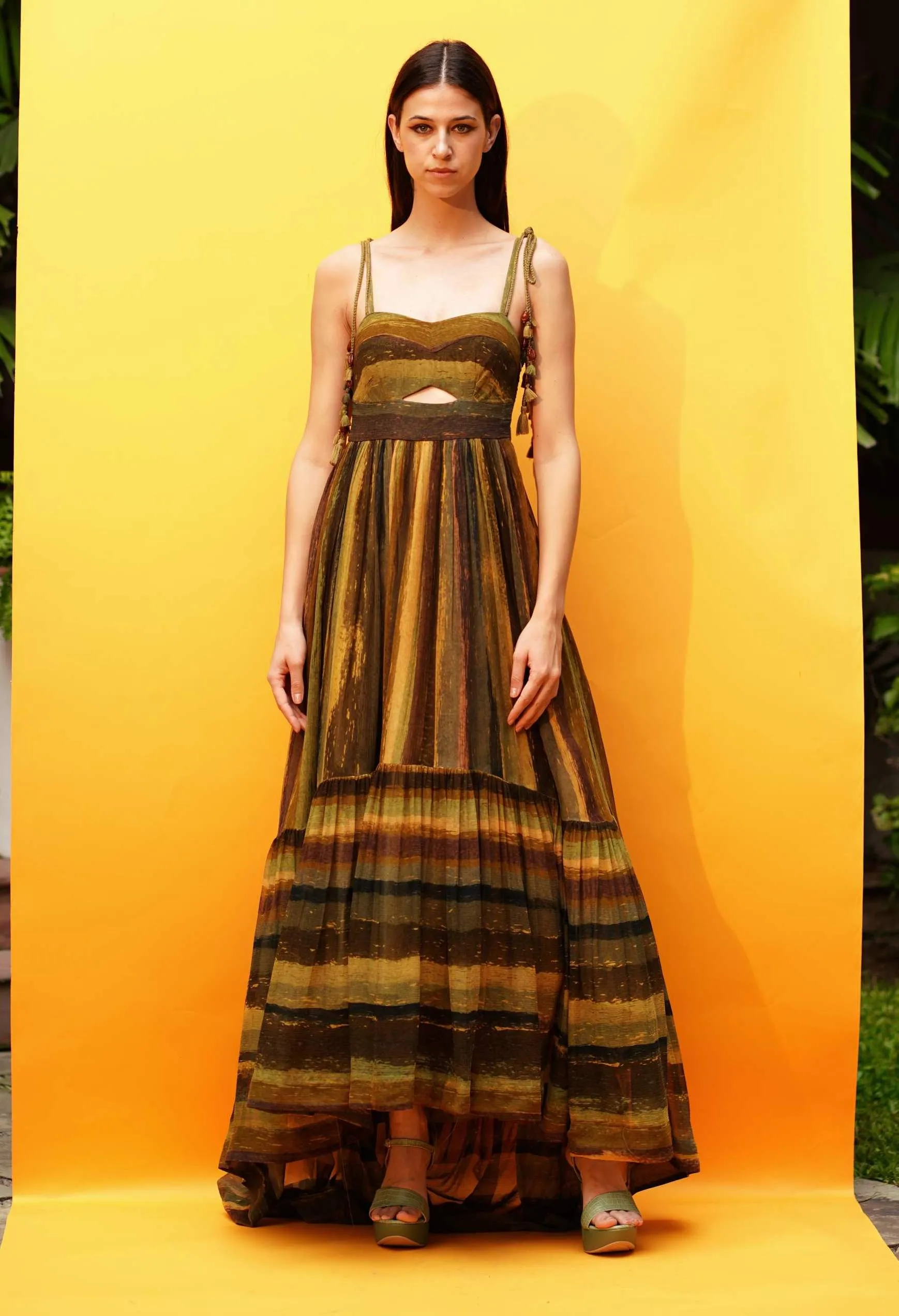 Green Stripe Print Cutout High Low Dress