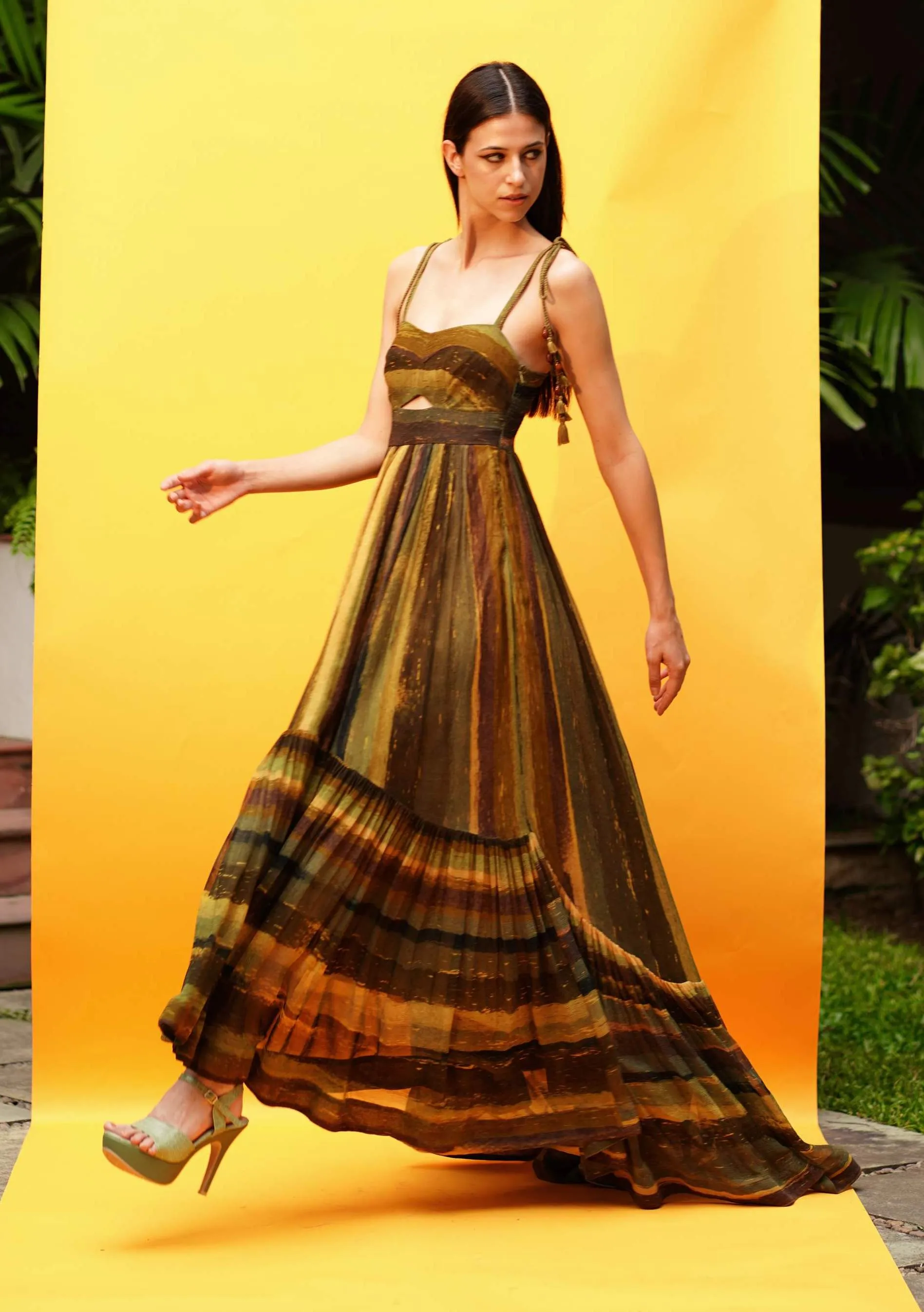 Green Stripe Print Cutout High Low Dress
