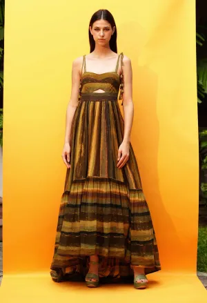Green Stripe Print Cutout High Low Dress