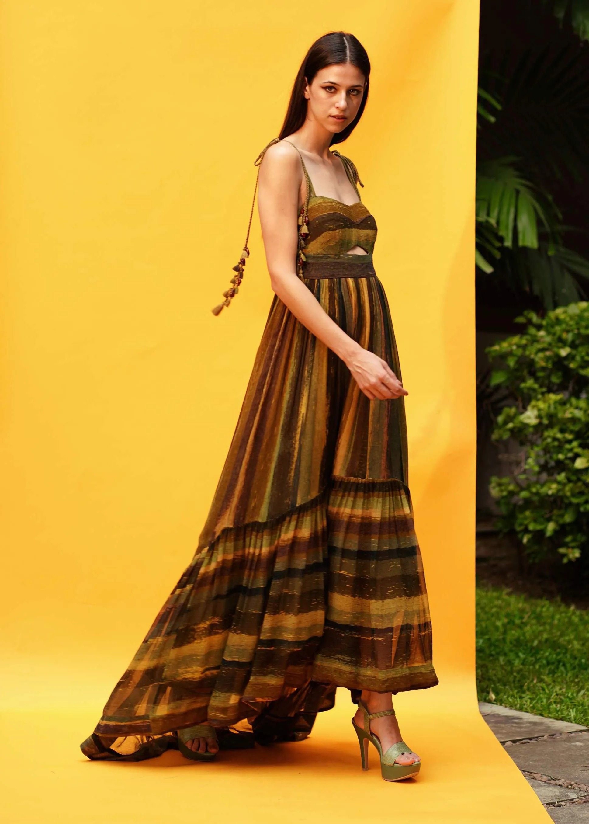 Green Stripe Print Cutout High Low Dress