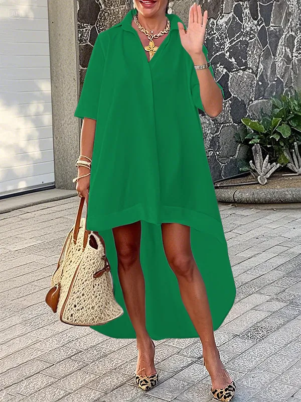 Half Sleeves High-Low Solid Color V-Neck Maxi Dresses