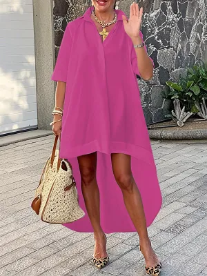 Half Sleeves High-Low Solid Color V-Neck Maxi Dresses