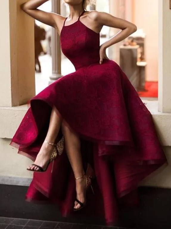 Halter Cute Dark Red High Low Lace Homecoming Dresses 2018, BDY0306