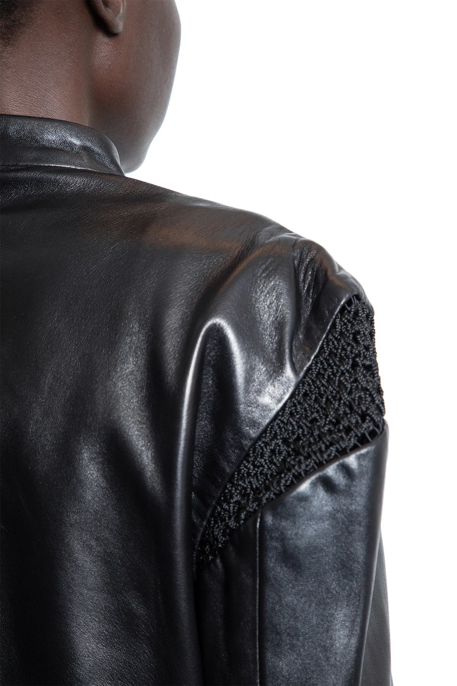Hand-crocheted Cropped Biker Jacket in Lambskin