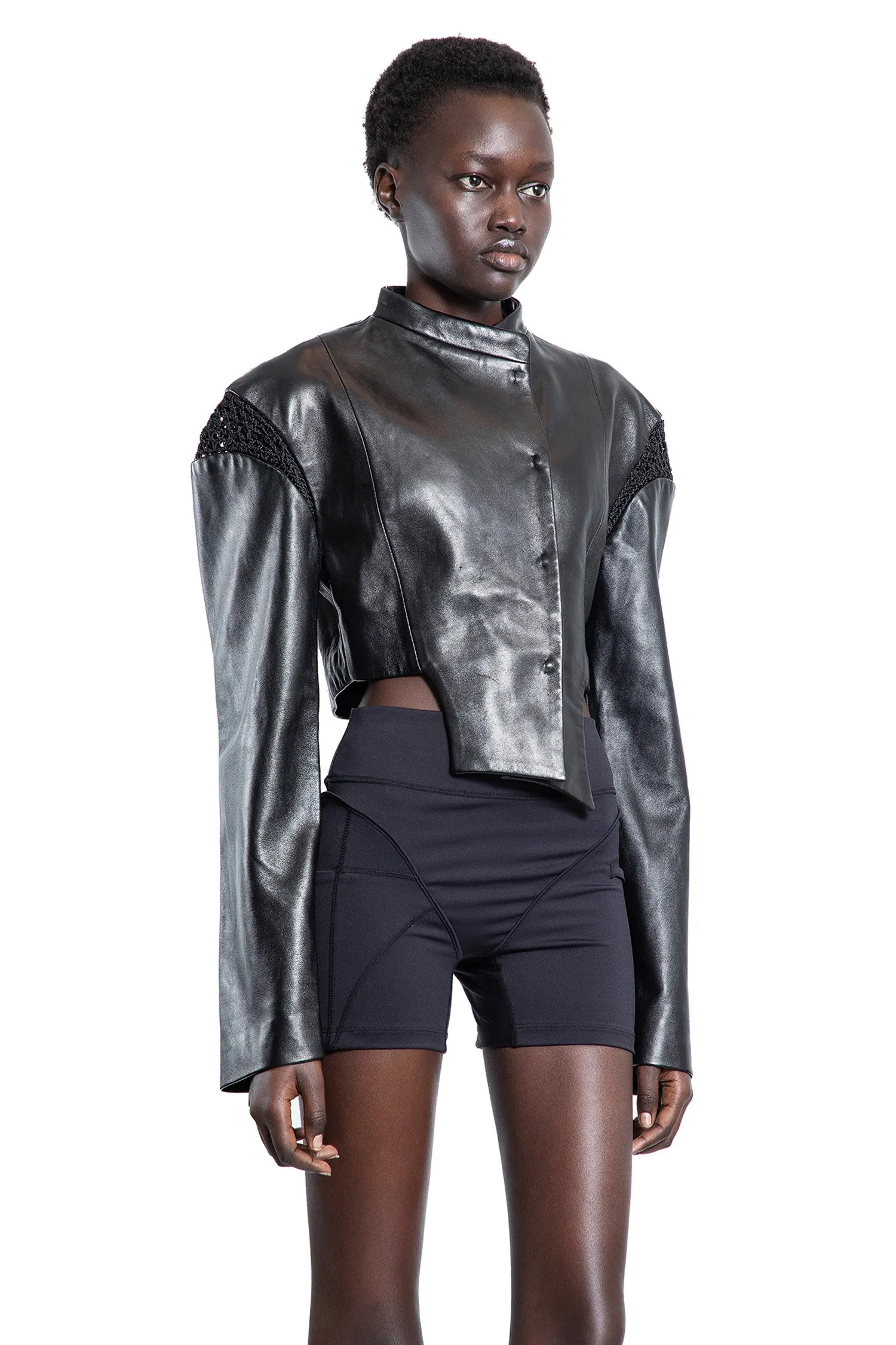 Hand-crocheted Cropped Biker Jacket in Lambskin