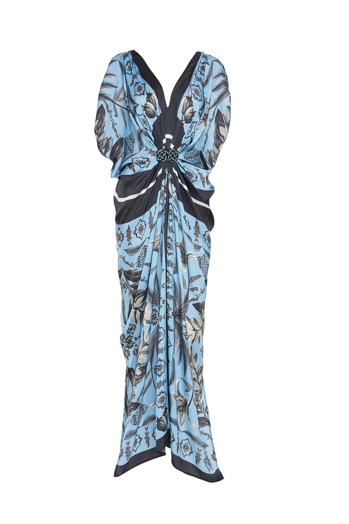 Hand Draped Kaftan in Cornflower Tropical