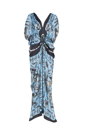 Hand Draped Kaftan in Cornflower Tropical
