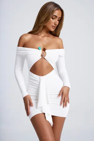 Hardware Detail Off-Shoulder Cut-Out Mini Dress in White