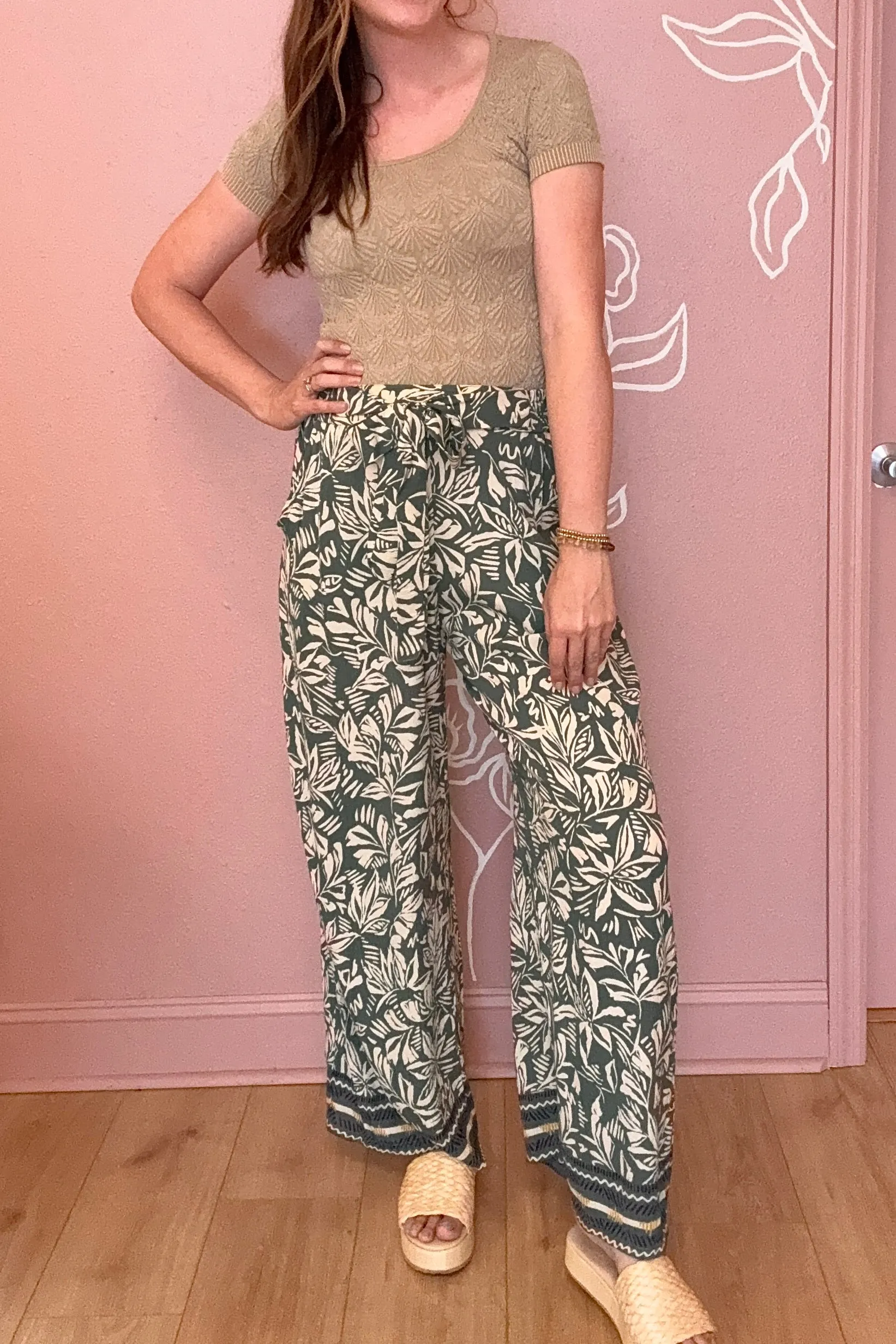 Harlow Leaf Print Wide Leg Pants