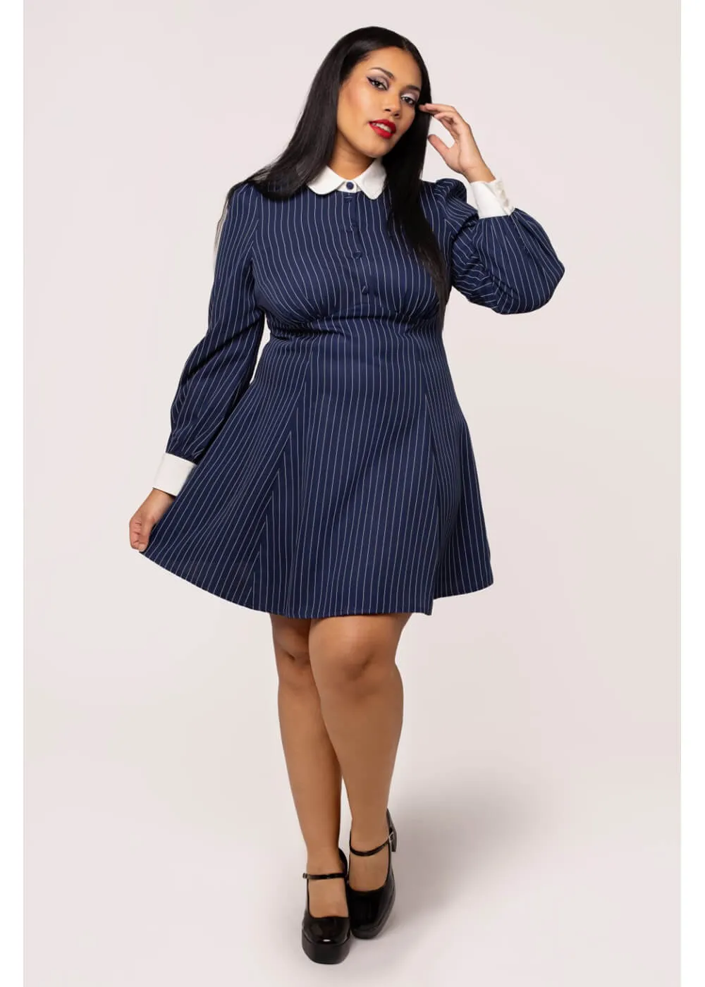 Hell Bunny Costello Pinstripe 40's Short Dress Navy