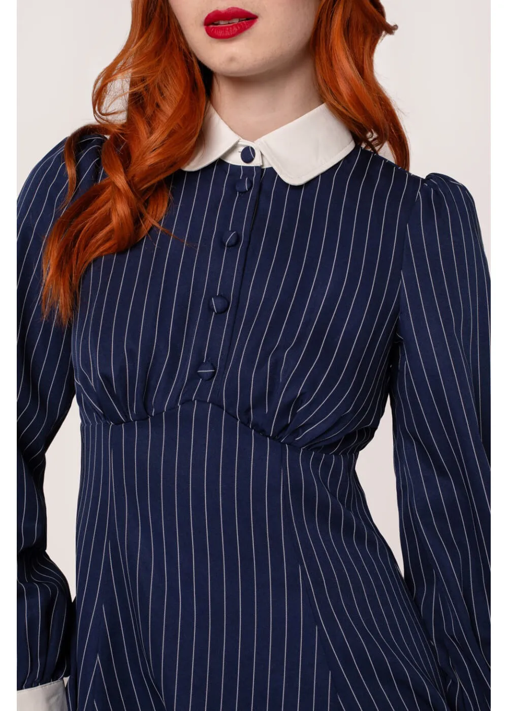 Hell Bunny Costello Pinstripe 40's Short Dress Navy