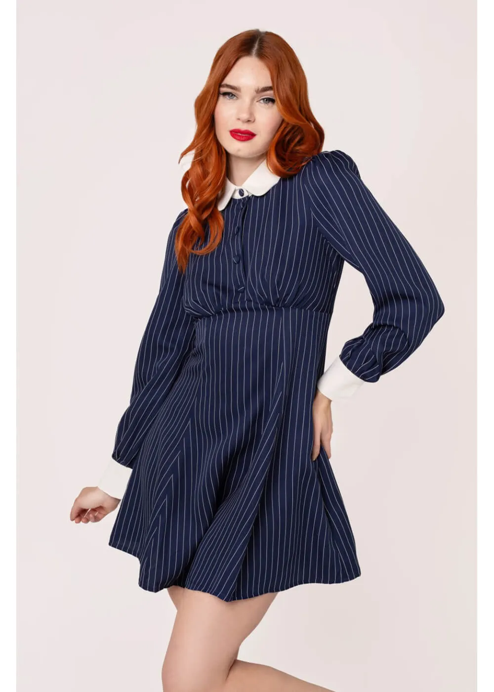 Hell Bunny Costello Pinstripe 40's Short Dress Navy