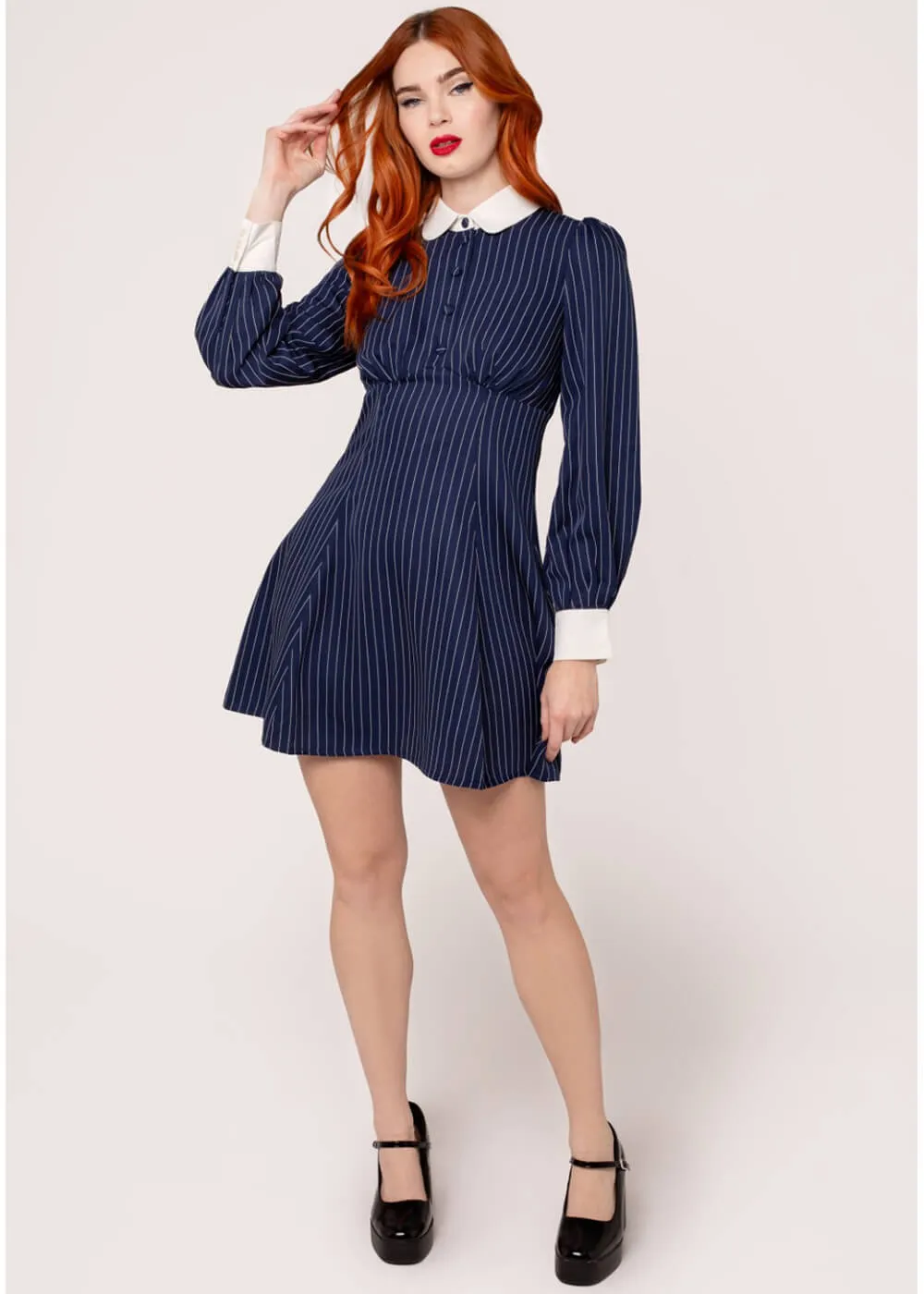 Hell Bunny Costello Pinstripe 40's Short Dress Navy