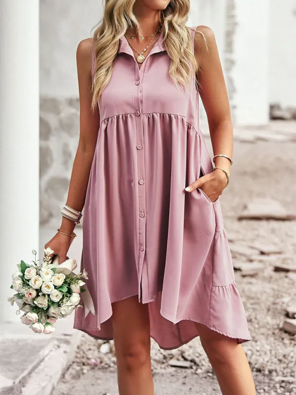 High-Low Hemline Sleeveless A-Line Dress with Button-Down Front