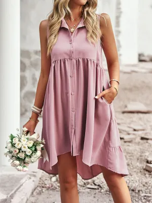 High-Low Hemline Sleeveless A-Line Dress with Button-Down Front