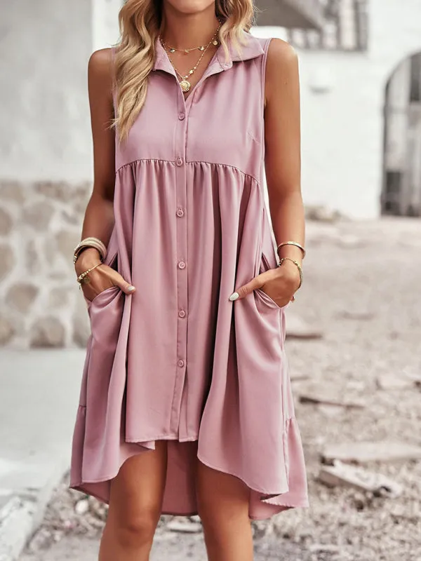 High-Low Hemline Sleeveless A-Line Dress with Button-Down Front