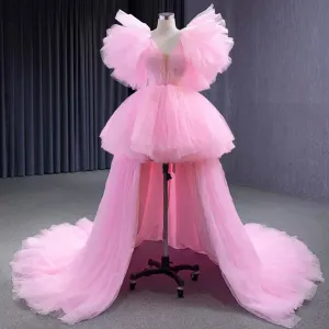 High Low Tiered Pageant Dress Ruffled Prom Gown with Puffy Sleeve