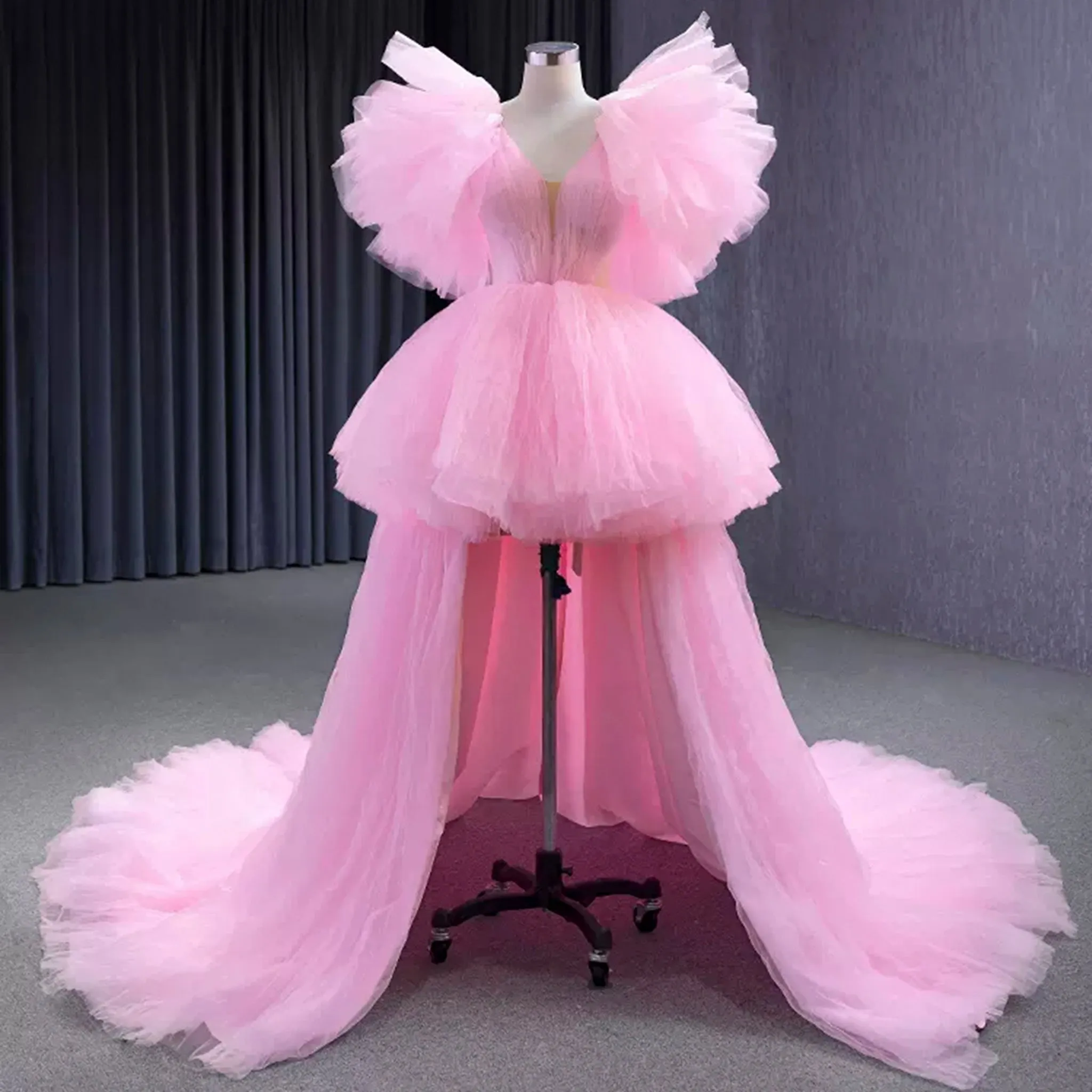 High Low Tiered Pageant Dress Ruffled Prom Gown with Puffy Sleeve