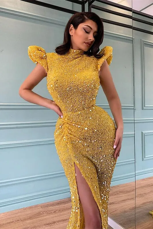 High Neck Beaded Mermaid Prom Dress With Split - Yellow