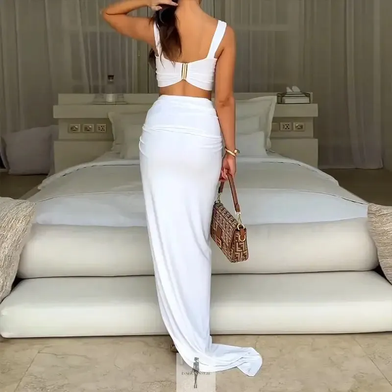 High Waist Pleated Slit Long Skirt with Top