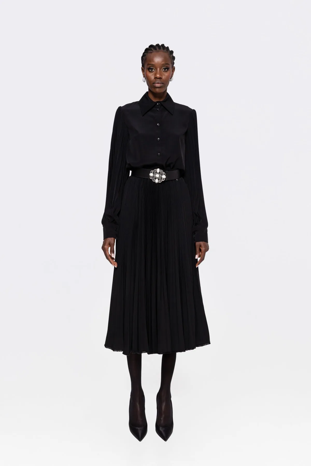 High Waisted Pleated Skirt With Beaded Hem