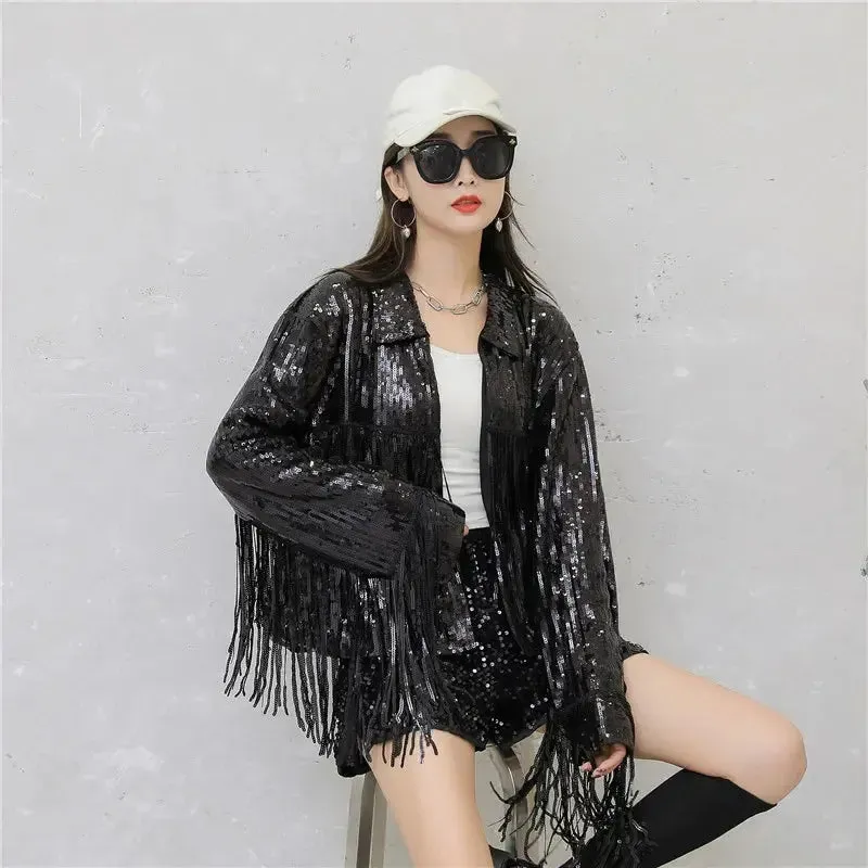 Hip Hop dance costume coat varsity cropped fringed custom Sequin blazer bomber Jacket for women