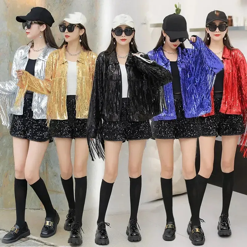Hip Hop dance costume coat varsity cropped fringed custom Sequin blazer bomber Jacket for women
