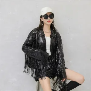 Hip Hop dance costume coat varsity cropped fringed custom Sequin blazer bomber Jacket for women