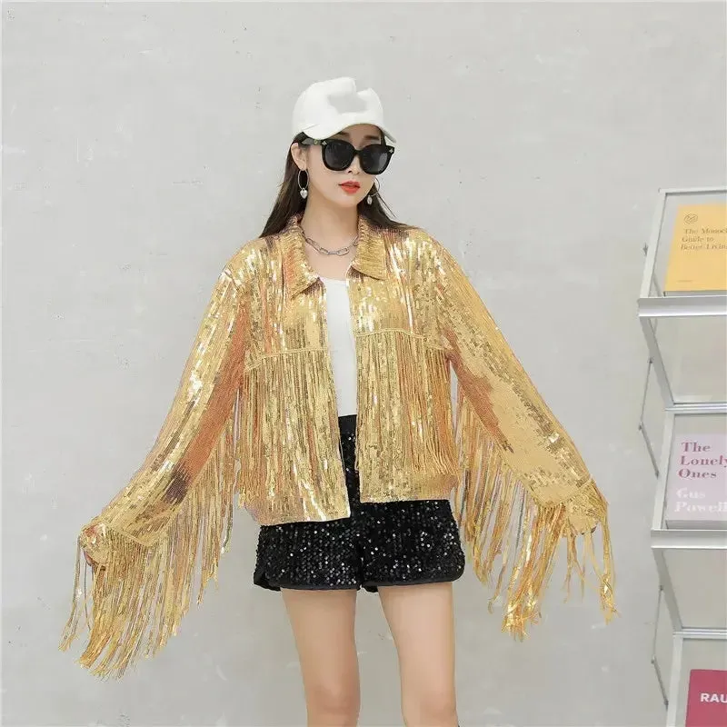 Hip Hop dance costume coat varsity cropped fringed custom Sequin blazer bomber Jacket for women