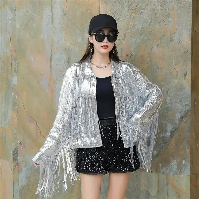 Hip Hop dance costume coat varsity cropped fringed custom Sequin blazer bomber Jacket for women