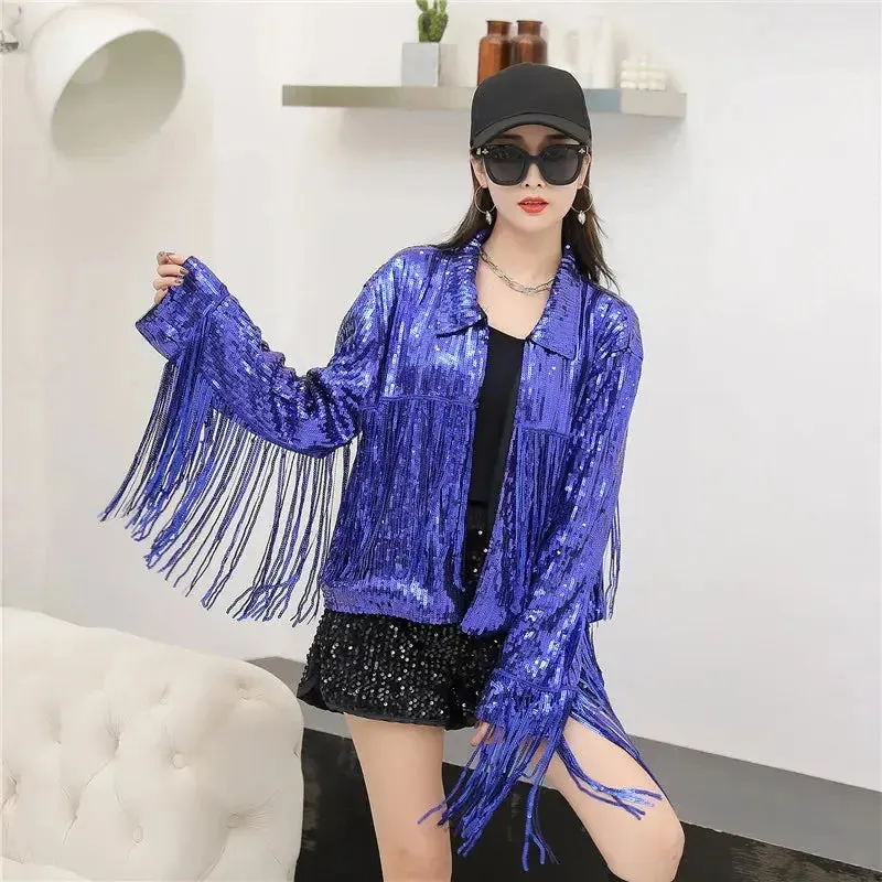 Hip Hop dance costume coat varsity cropped fringed custom Sequin blazer bomber Jacket for women