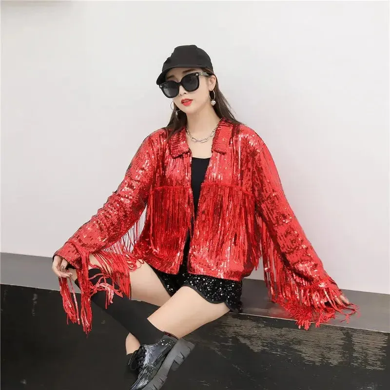 Hip Hop dance costume coat varsity cropped fringed custom Sequin blazer bomber Jacket for women