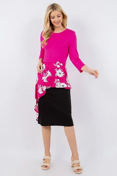 Hot Pink Floral Asymmetrical Hemline Round Neck Top