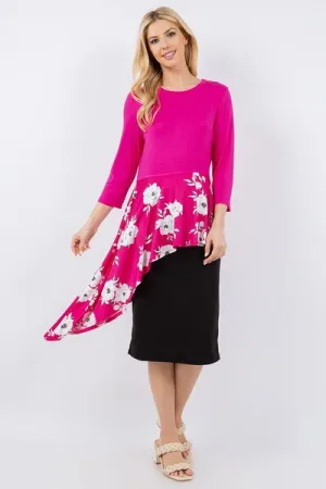 Hot Pink Floral Asymmetrical Hemline Round Neck Top