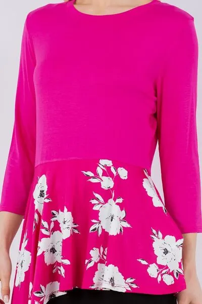 Hot Pink Floral Asymmetrical Hemline Round Neck Top