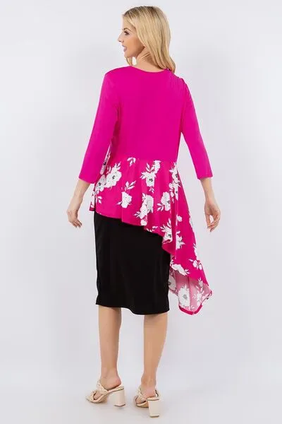 Hot Pink Floral Asymmetrical Hemline Round Neck Top