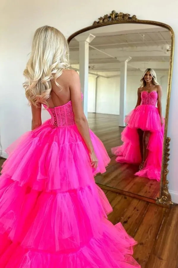 Hot Pink Tiered Tulle High Low Sweetheart Prom Dress, Long Formal Dress, MP777
