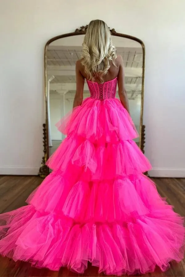 Hot Pink Tiered Tulle High Low Sweetheart Prom Dress, Long Formal Dress, MP777