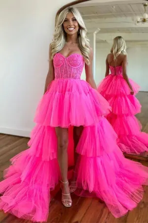Hot Pink Tiered Tulle High Low Sweetheart Prom Dress, Long Formal Dress, MP777