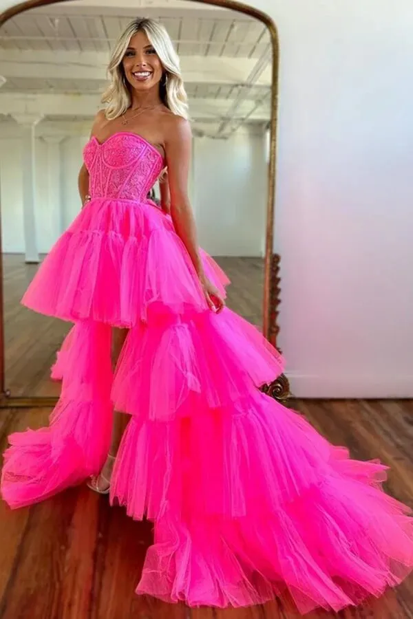 Hot Pink Tiered Tulle High Low Sweetheart Prom Dress, Long Formal Dress, MP777