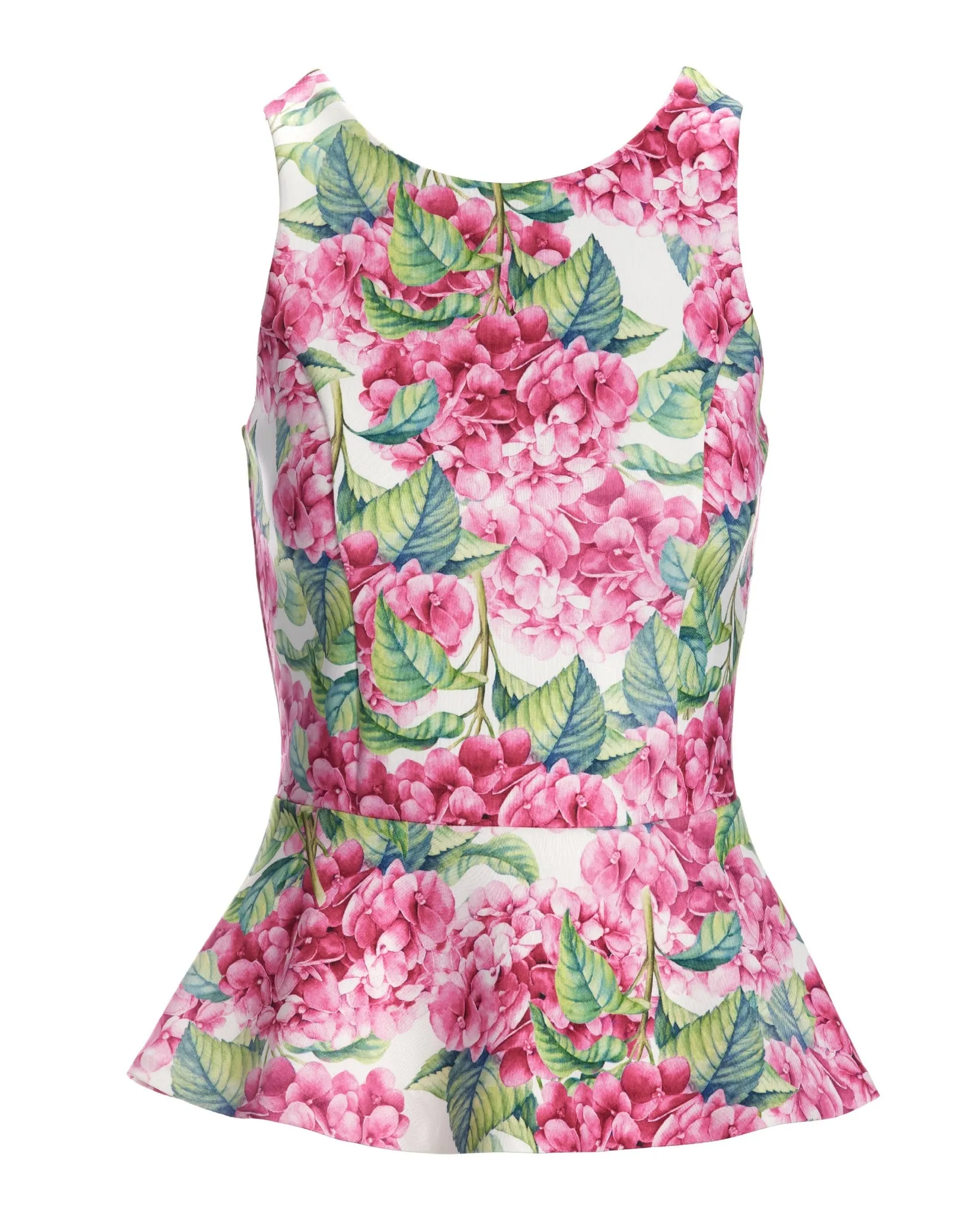 Hydrangea Fleurs Scuba Peplum High Neck Top Pink