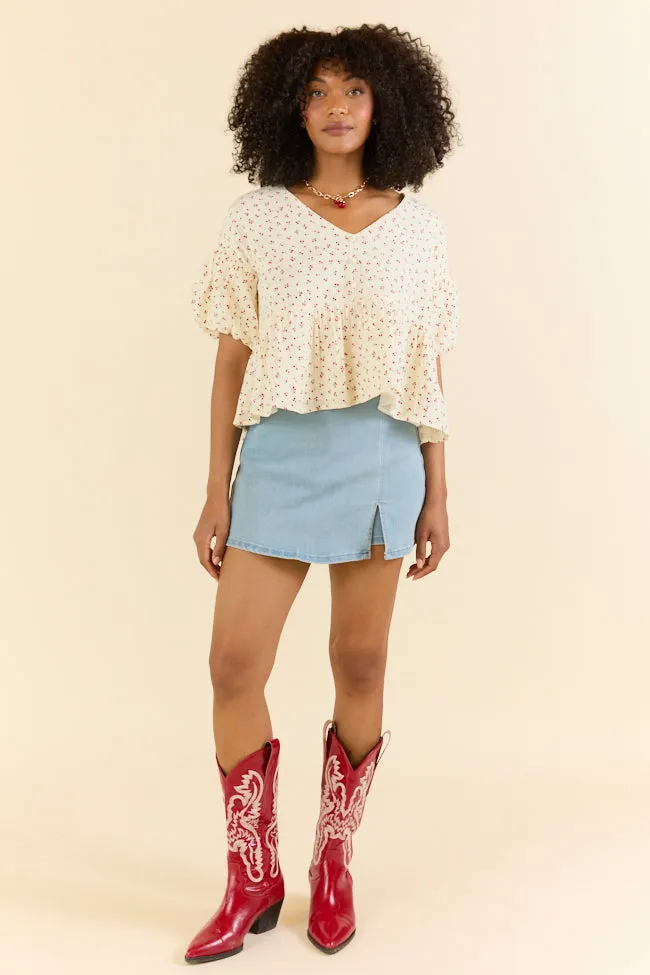 Ideal Days Gauze Cherry Print Peplum Top