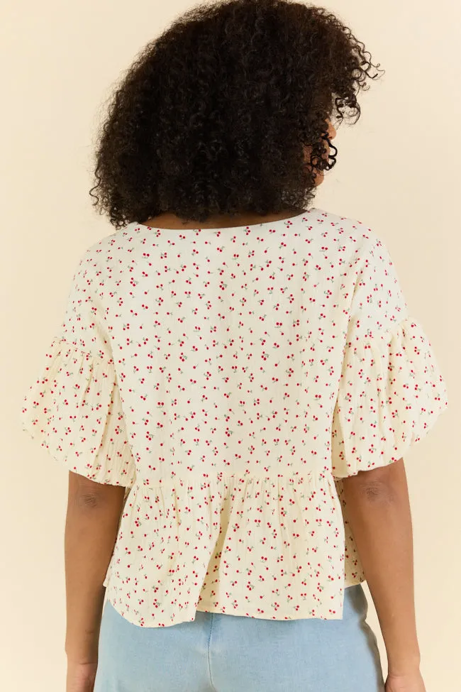 Ideal Days Gauze Cherry Print Peplum Top