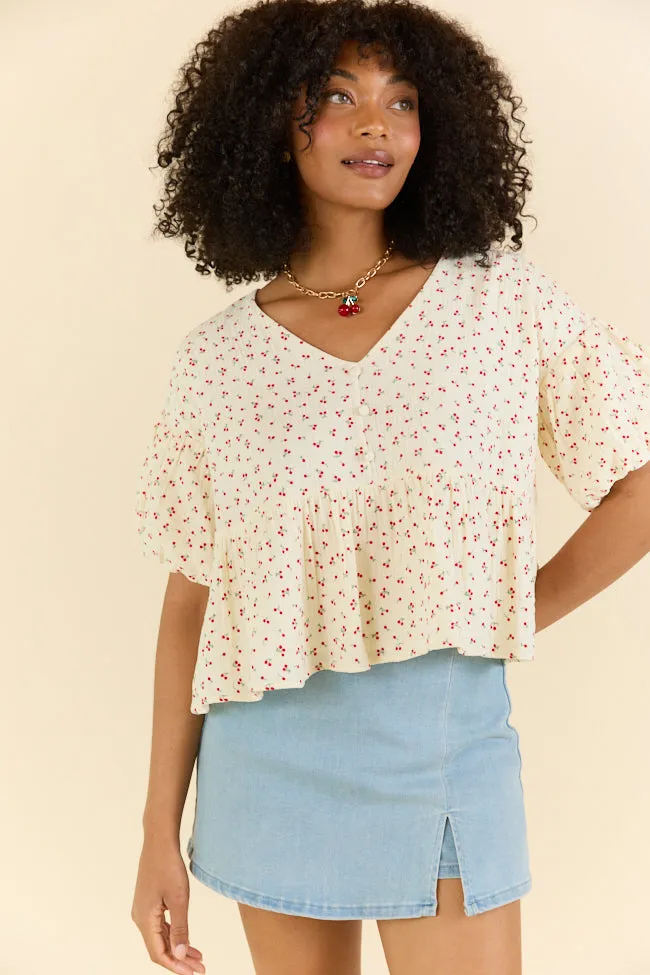 Ideal Days Gauze Cherry Print Peplum Top