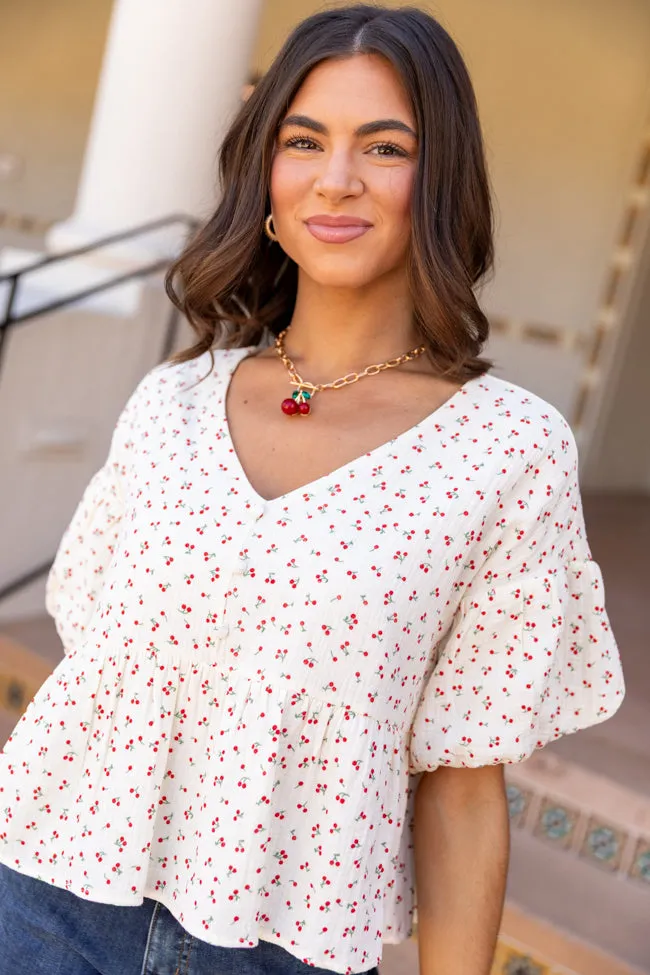 Ideal Days Gauze Cherry Print Peplum Top