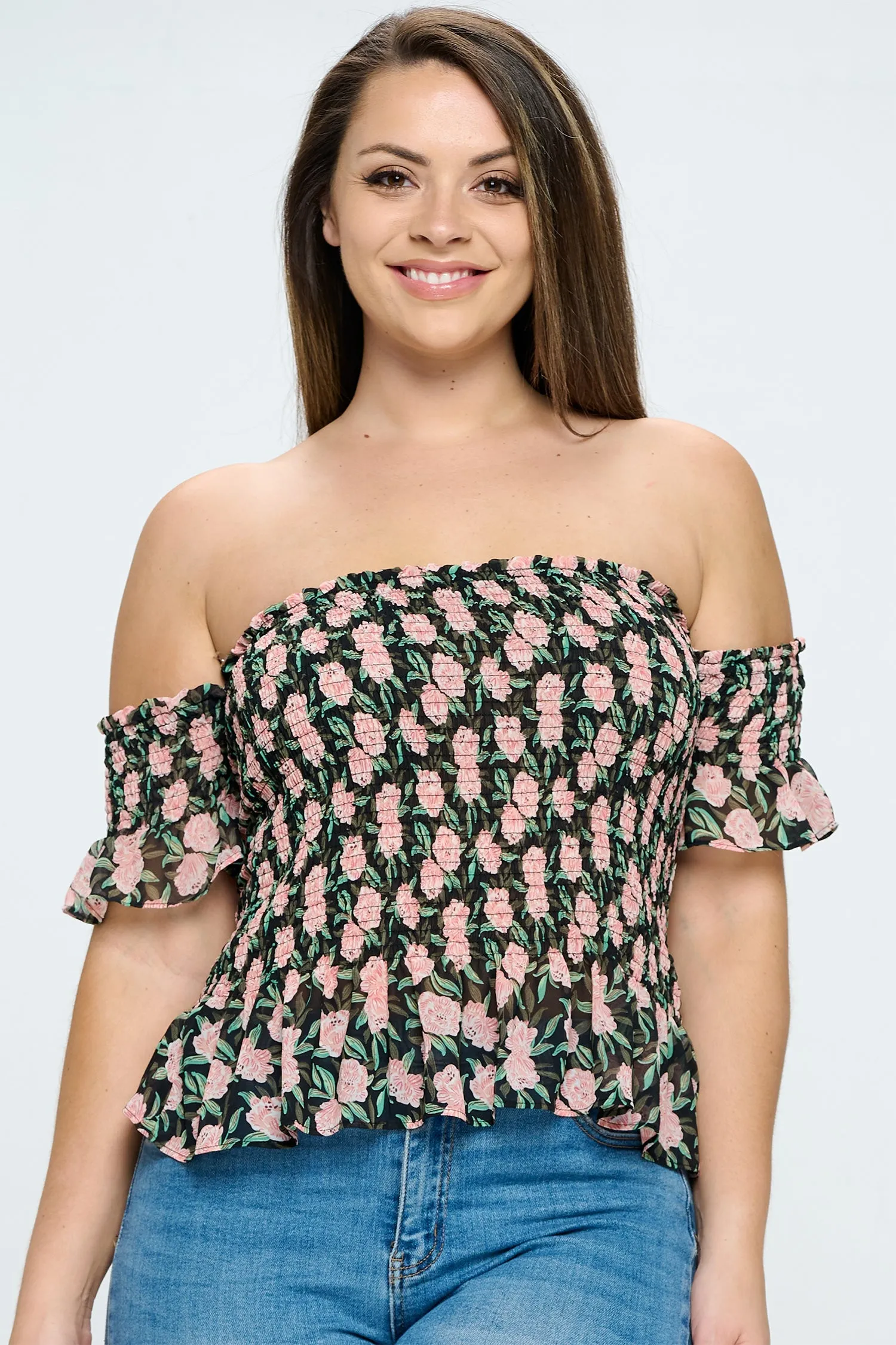 IT5172-PLUS | Tops | Junior Plus Smocked Off Shoulder Blouse