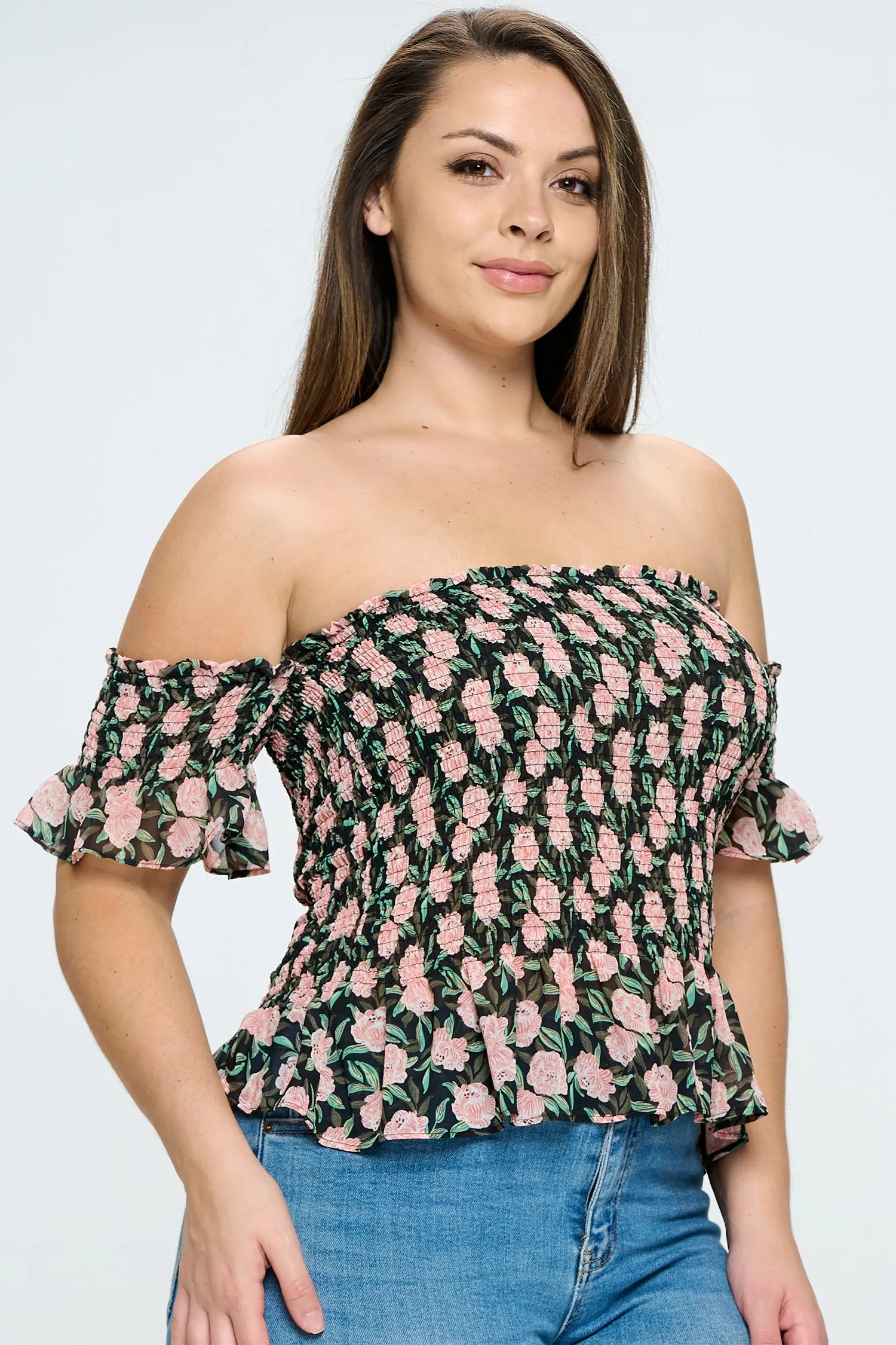 IT5172-PLUS | Tops | Junior Plus Smocked Off Shoulder Blouse